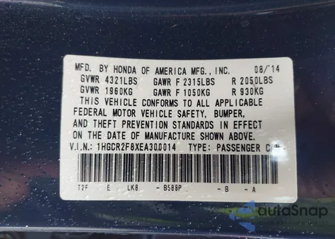 2014 Honda Accord Ex-L z USA, uszkodzony, nr VIN 1HGCR2F8XEA300014